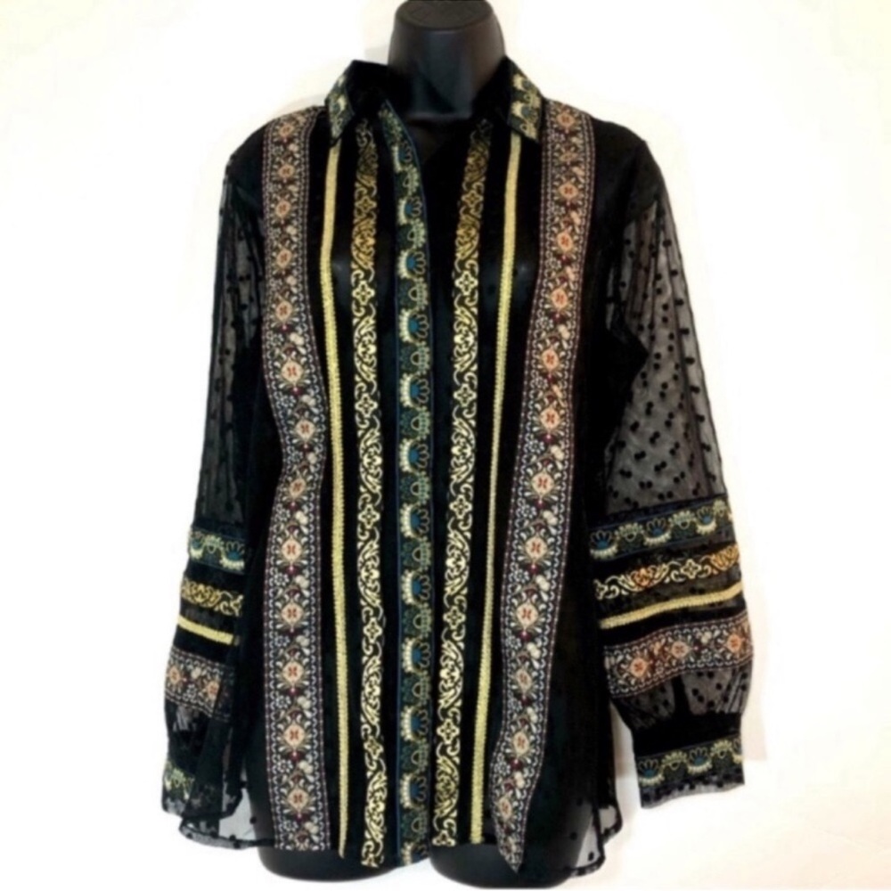 Chico's Shirt Blouse Tunic Sz 1 orSz 8 Black Sheer Polka dot Metallic Thread EUC